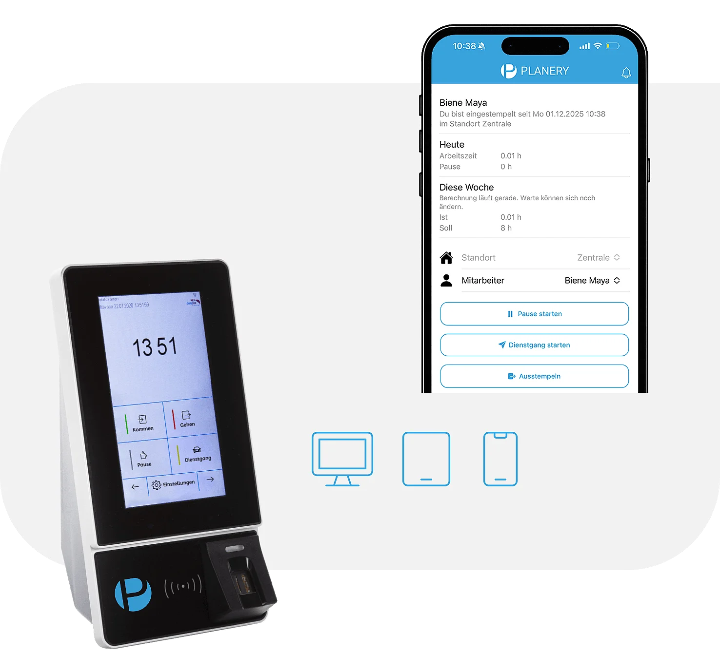 Abbildung der unterschiedlichen Optionen zum Stempeln - eine Hardware-Terminal, die mobile App sowie ein Tablet.