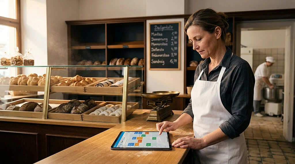Mitarbeiterin einer Bäckerei mit einem Tablet auf dem der Planery Dienstplan geöffnet ist