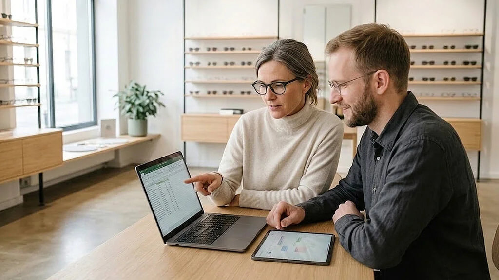 Augenoptikerin bespricht die Einführung von Planery im Kundengespräch mit dem Onboarding-Team
