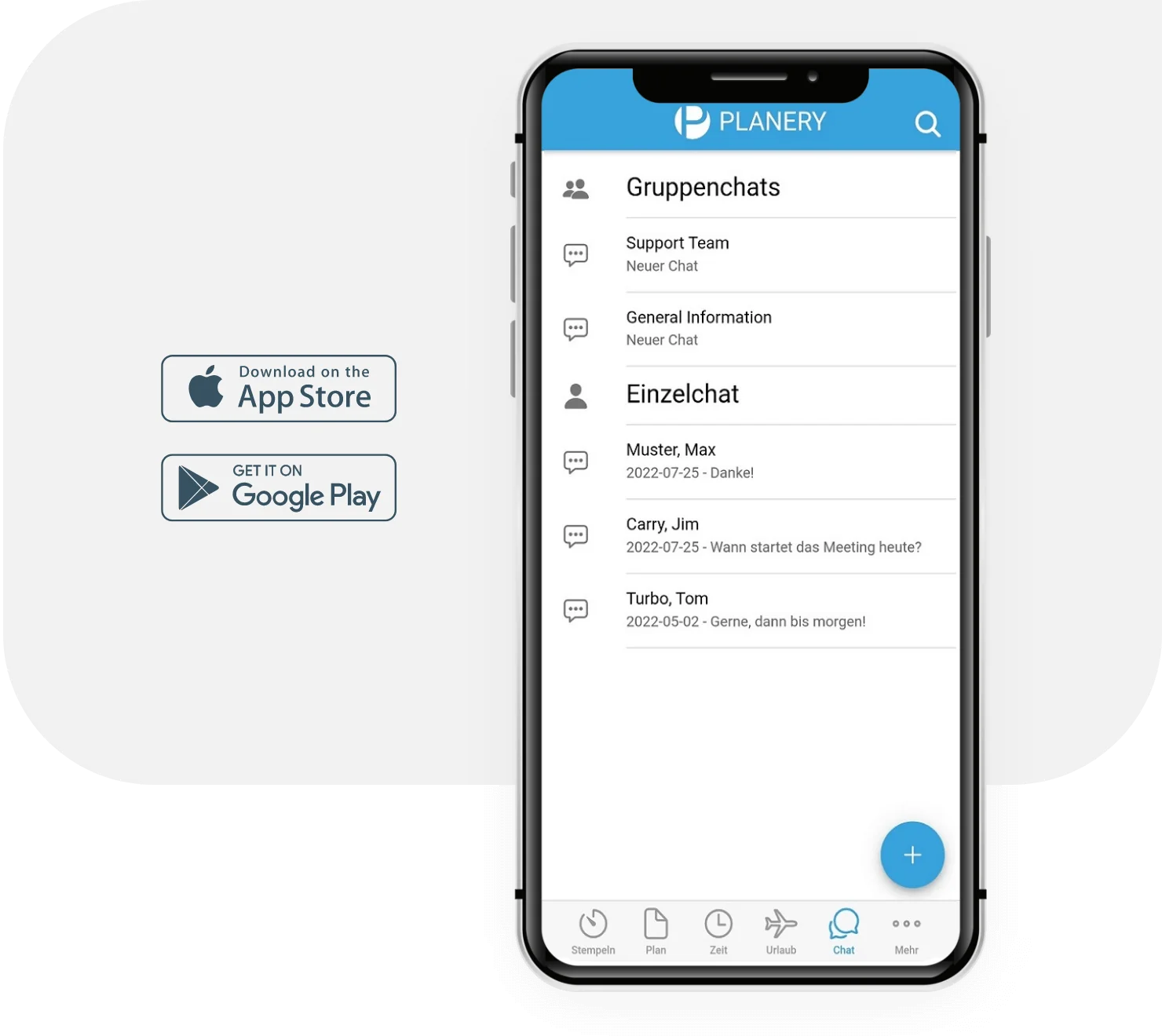 Abbildung eines Smartphones, im Display ist eine Chat-Übersicht in der Planery-App zu sehen.