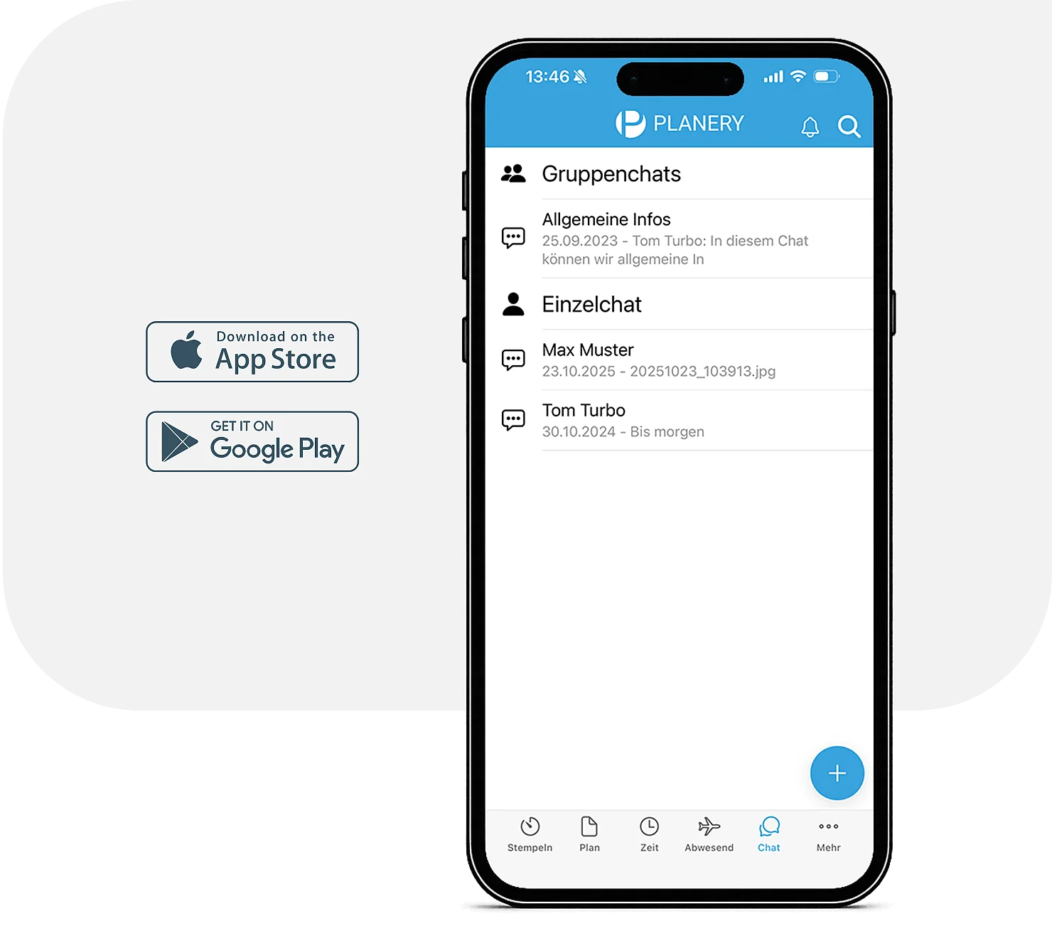 Abbildung eines Smartphones, im Display ist eine Chat-Übersicht in der Planery-App zu sehen.