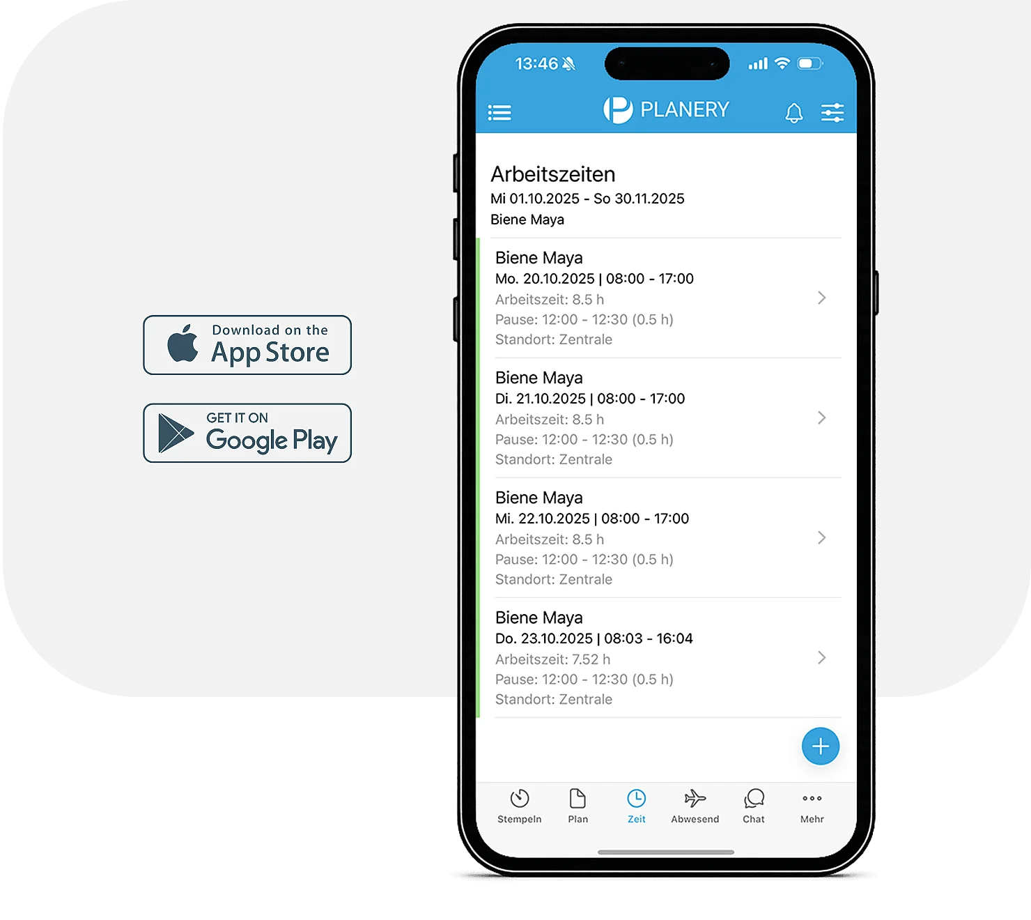 Abbildung eines Smartphones, im Display ist eine Übersicht der Arbeitszeiten eines Mitarbeiters in der Planery-App zu sehen.