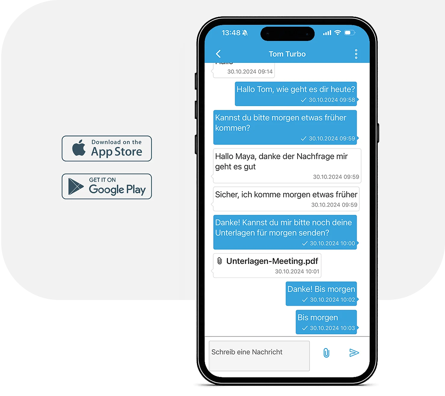 Abbildung eines Smartphones, im Display ist ein Chatverlauf in der Planery-App zu sehen.