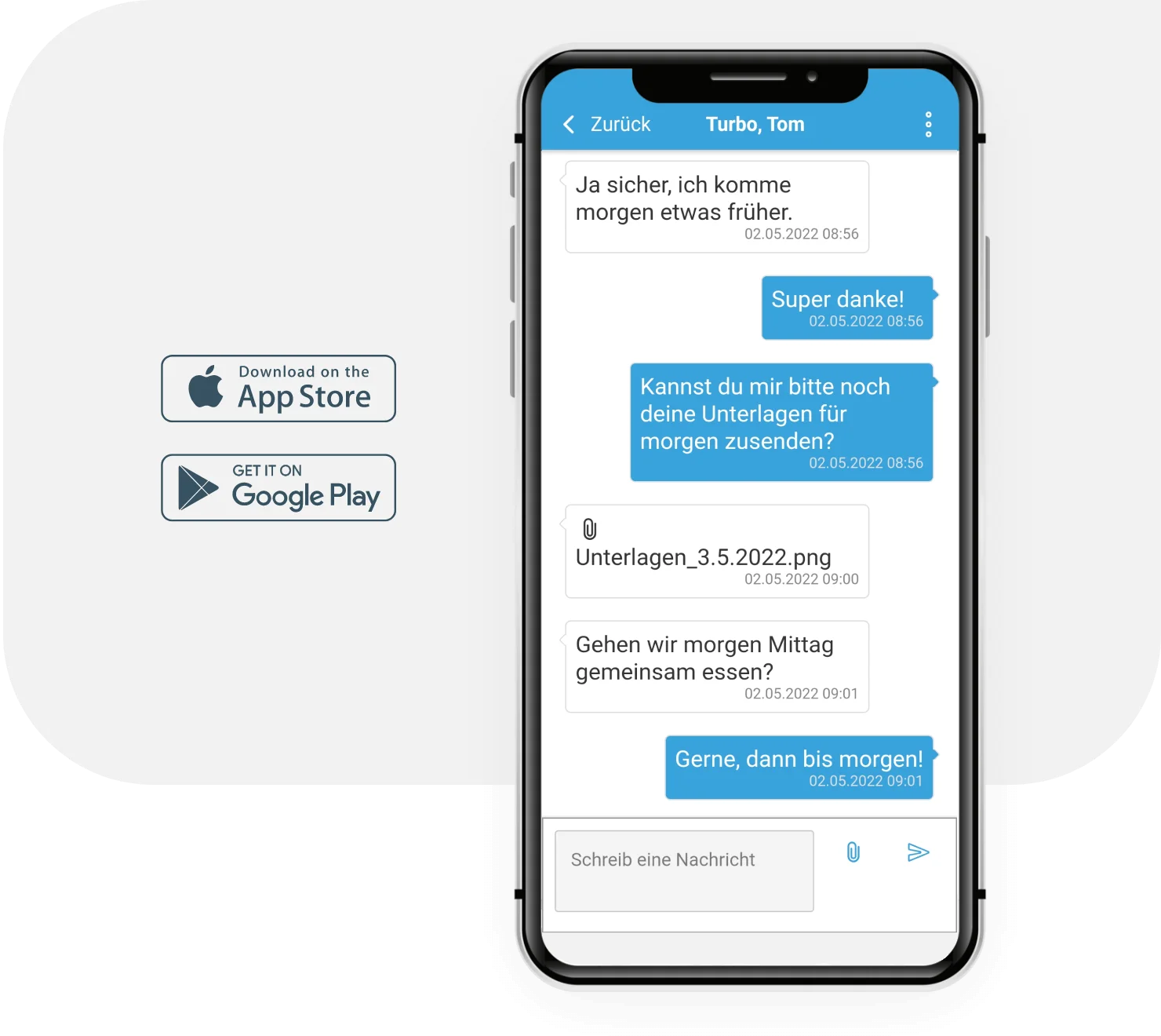 Abbildung eines Smartphones, im Display ist ein Chatverlauf in der Planery-App zu sehen.