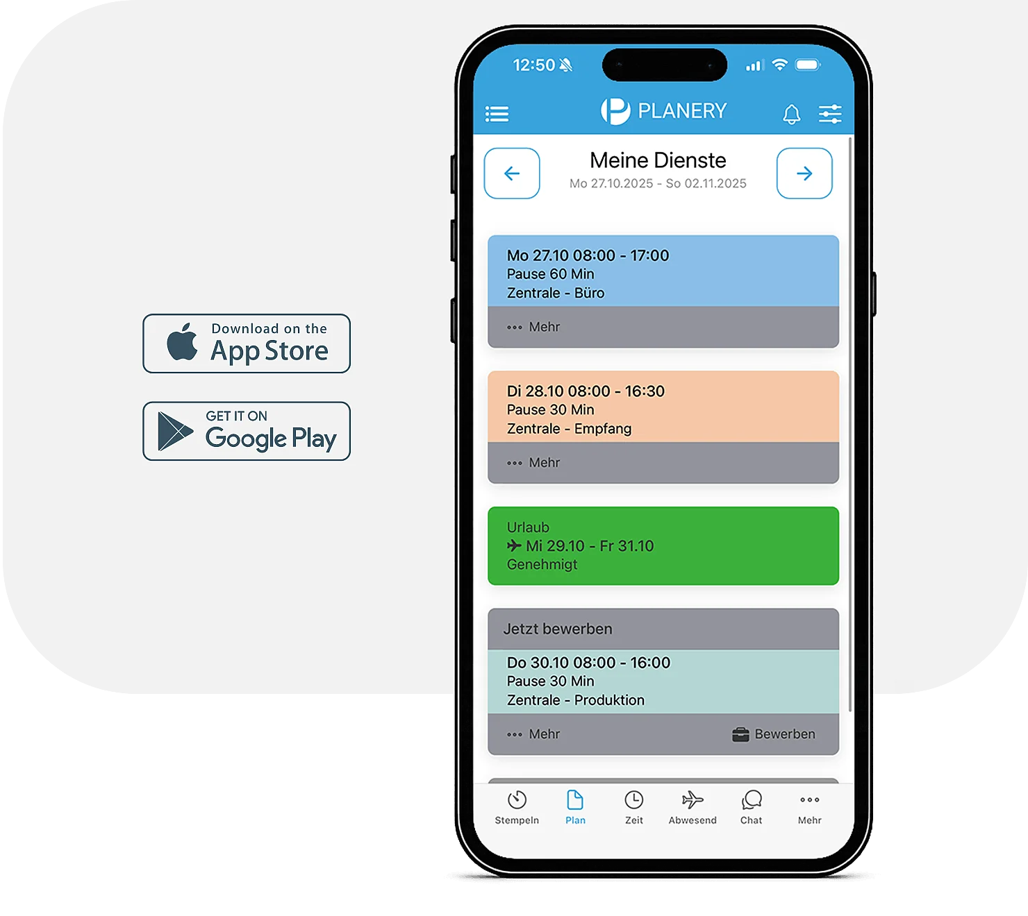 Abbildung eines Smartphones, im Display sieht man die Dienste eines Mitarbeiters in der Planery-App.