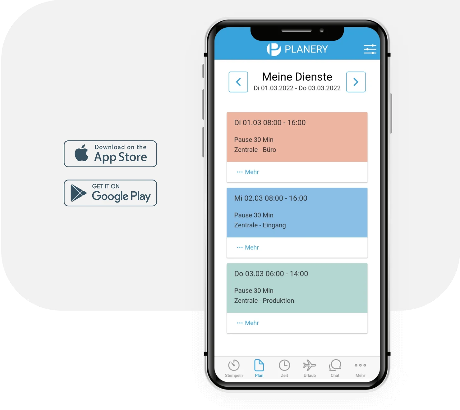 Abbildung eines Smartphones, im Display sieht man die Dienste eines Mitarbeiters in der Planery-App.