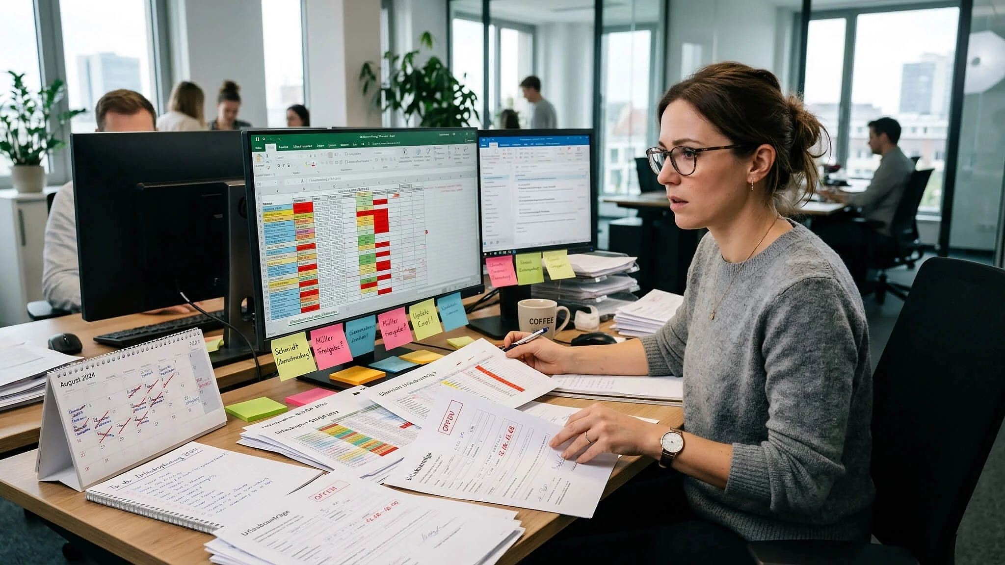 Person sitzt am Arbeitsplatz vor einer Flur an Urlaubsanträgen