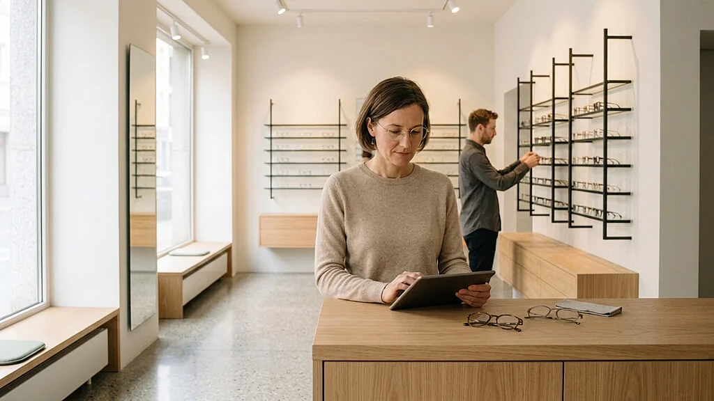 Augenoptikerin im modernen Optikerfachgeschäft erfasst Arbeitszeiten mit der Planery-App am Tablet