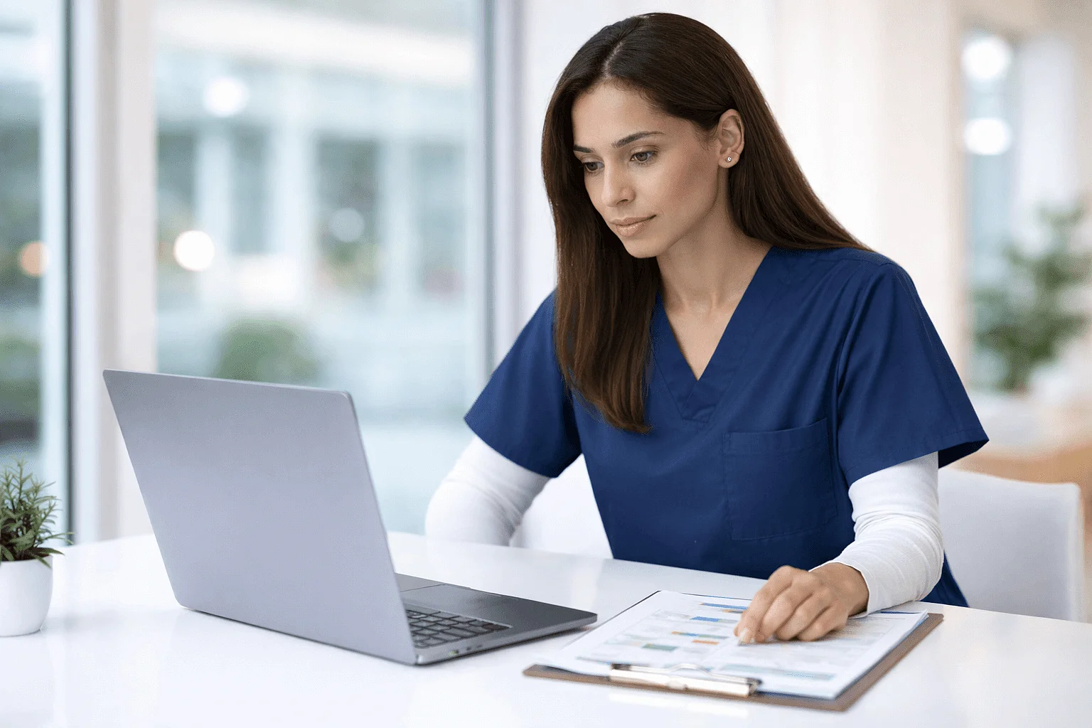 Pflegefachkraft arbeitet am Schreibtisch mit einem Laptop