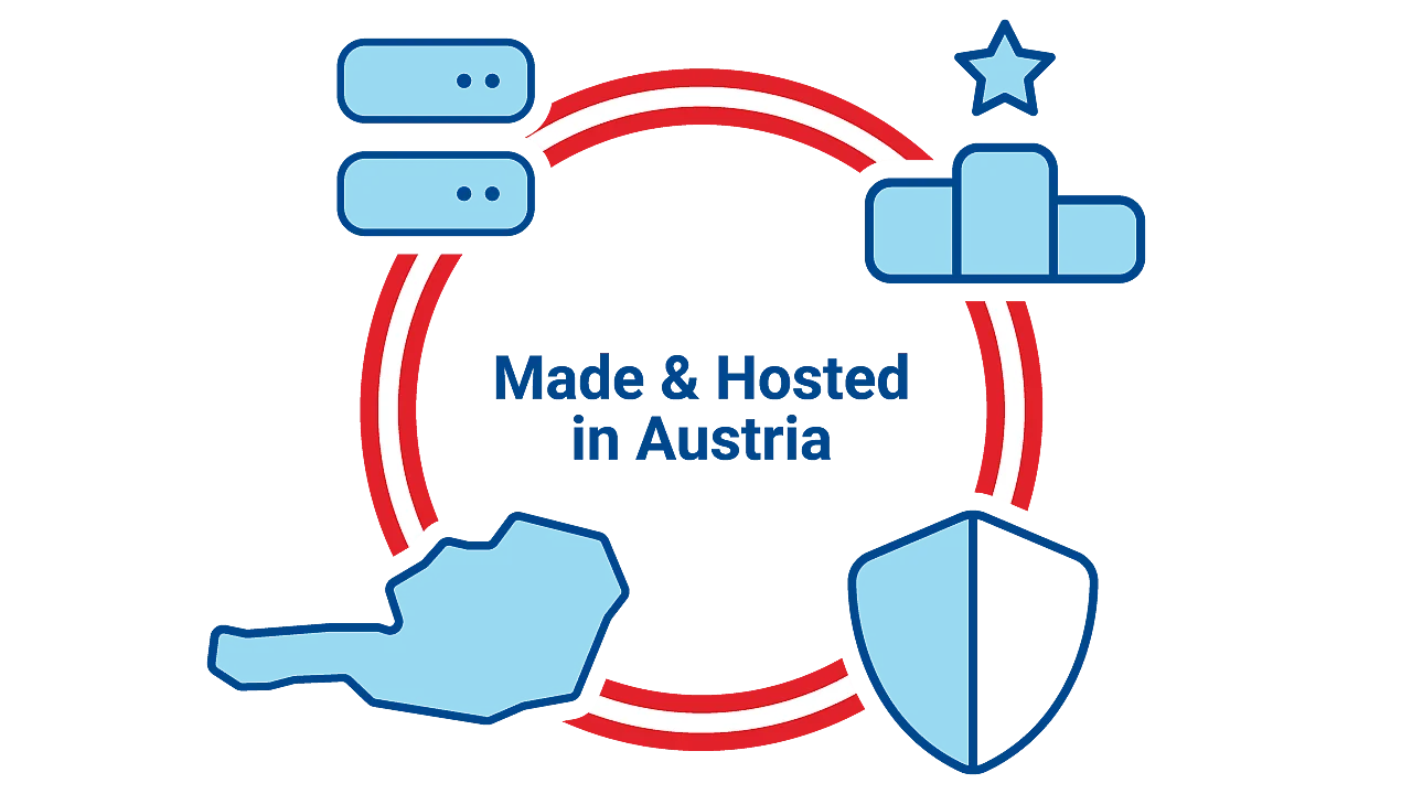Illustration mit Icons Serverstandort in Österreich, Top-Rankings & DSGVO-Konform