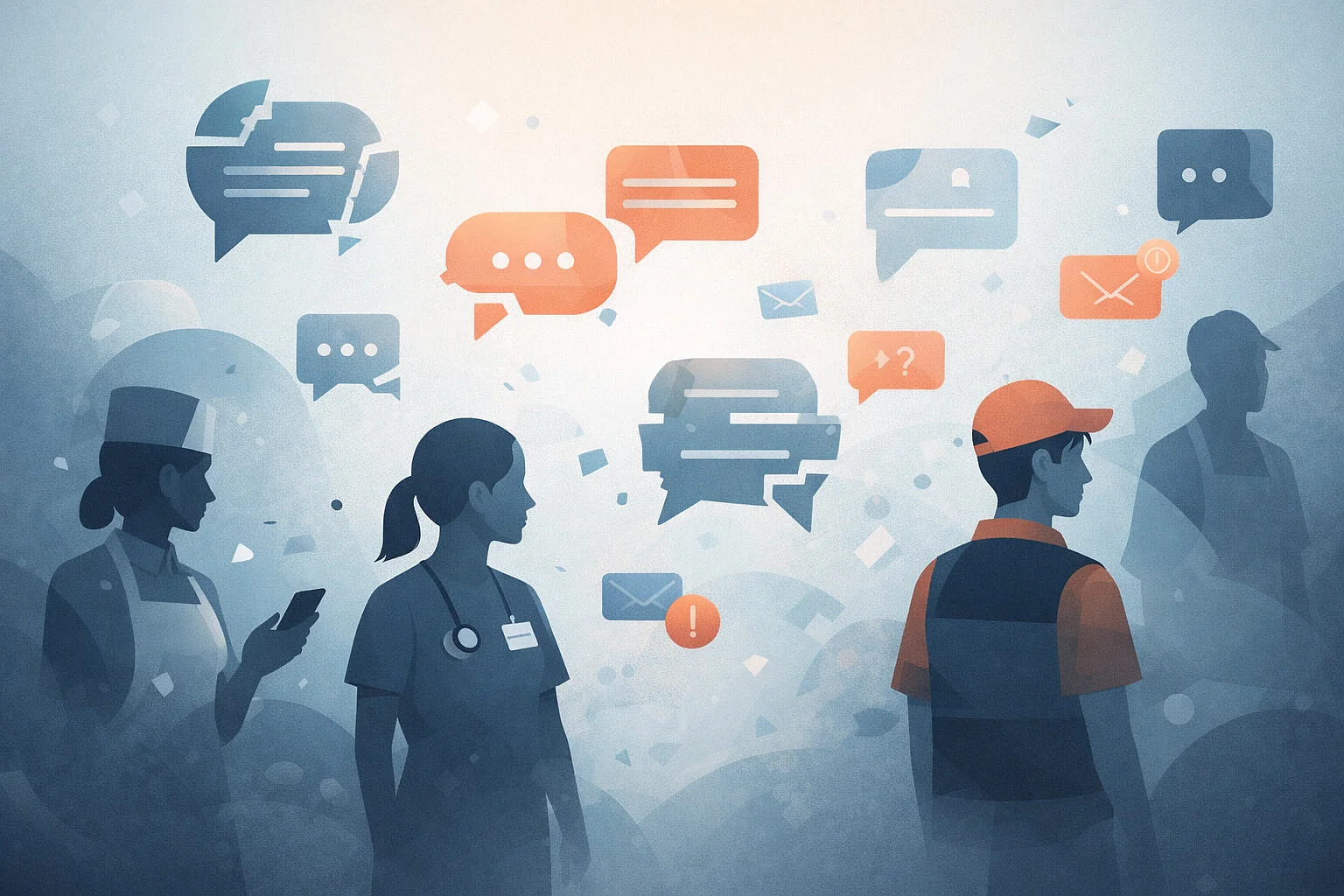 Illustration von Personen mit Kaputten Chatnachrichten