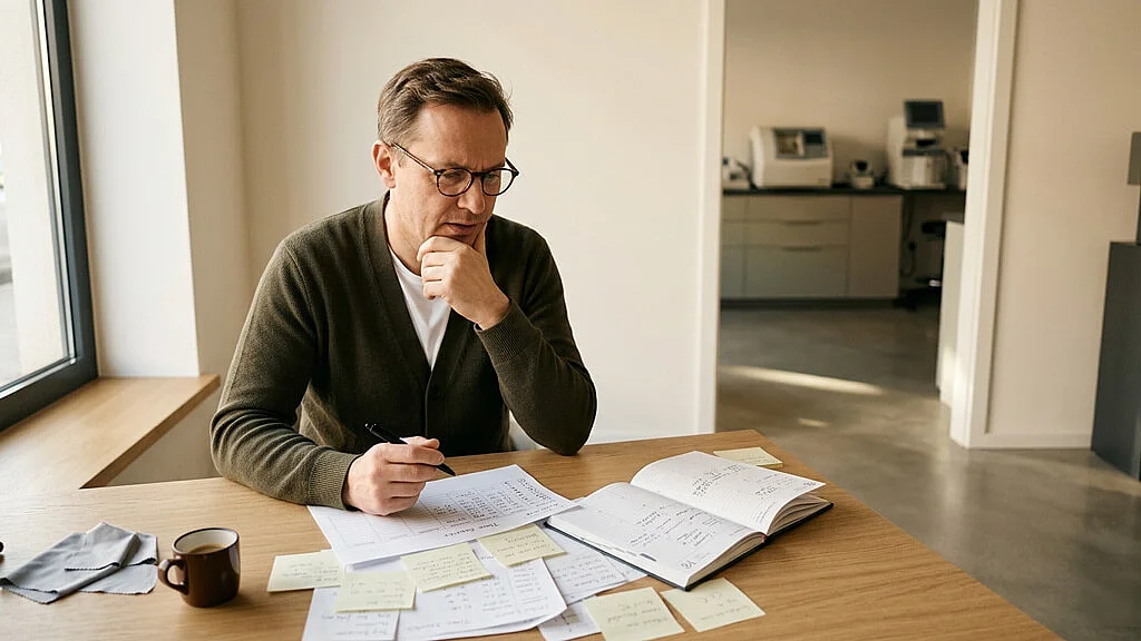 Augenoptiker prüft handschriftliche Stundenzettel im Büro seines Optikerbetriebs