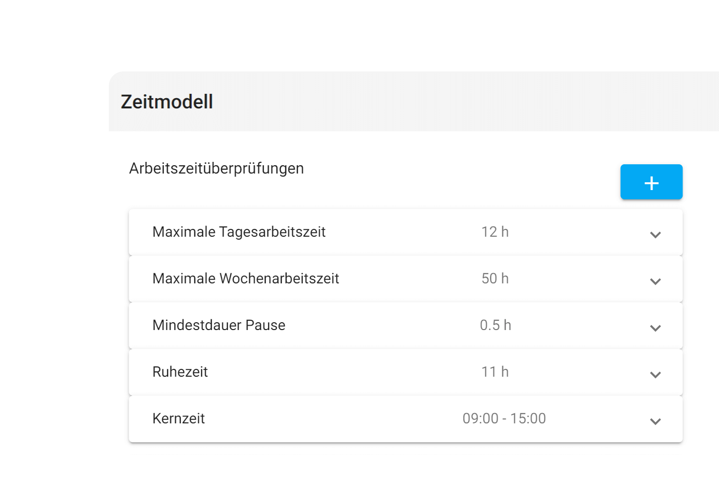 Abbildung einer Liste der Arbeitszeitüberprüfungen in Planery, wie der maximalen Tagesarbeitszeit oder der minimalen Pausendauer.