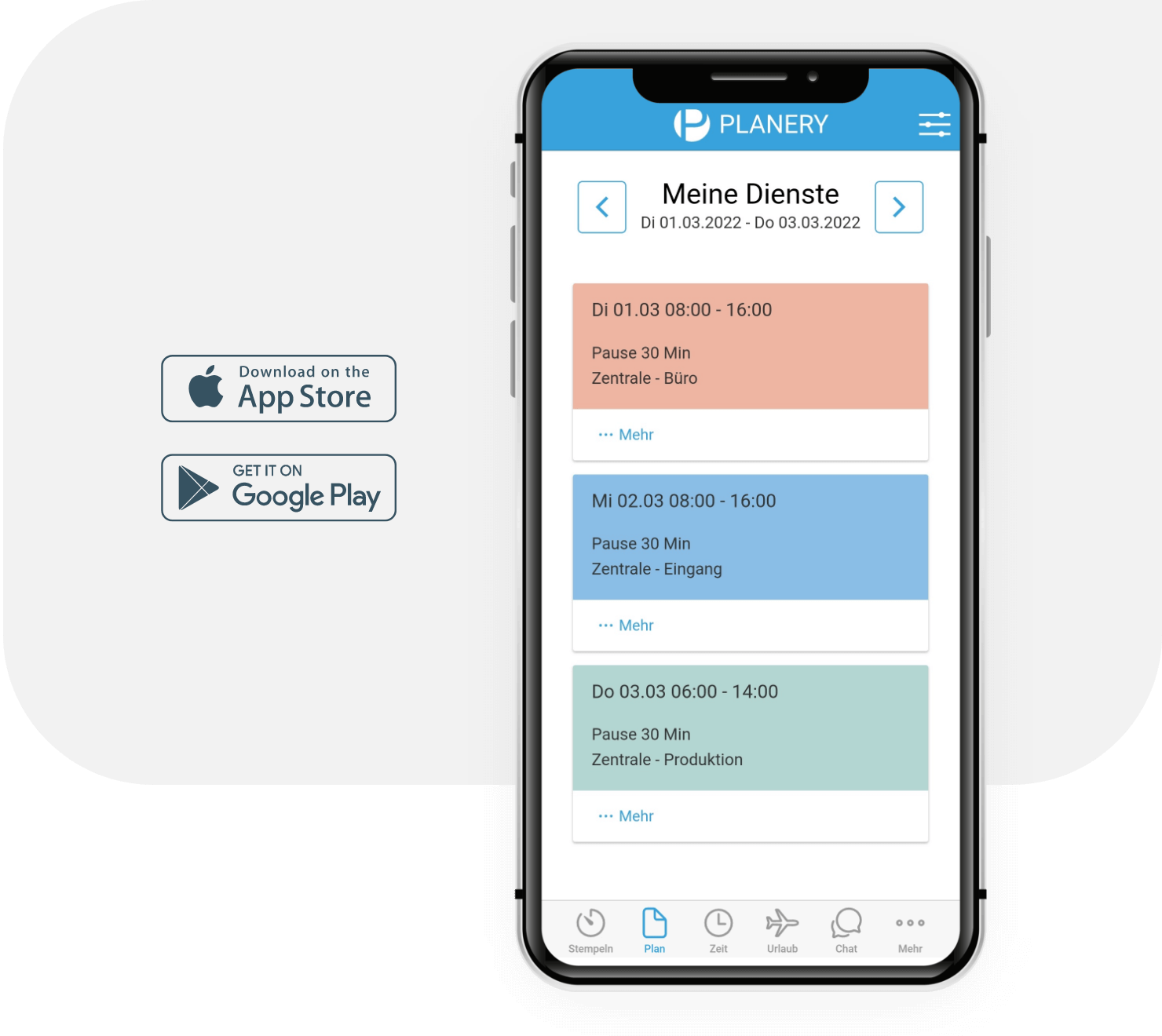 Abbildung eines Smartphones, im Display sieht man die Dienste eines Mitarbeiters in der Planery-App.