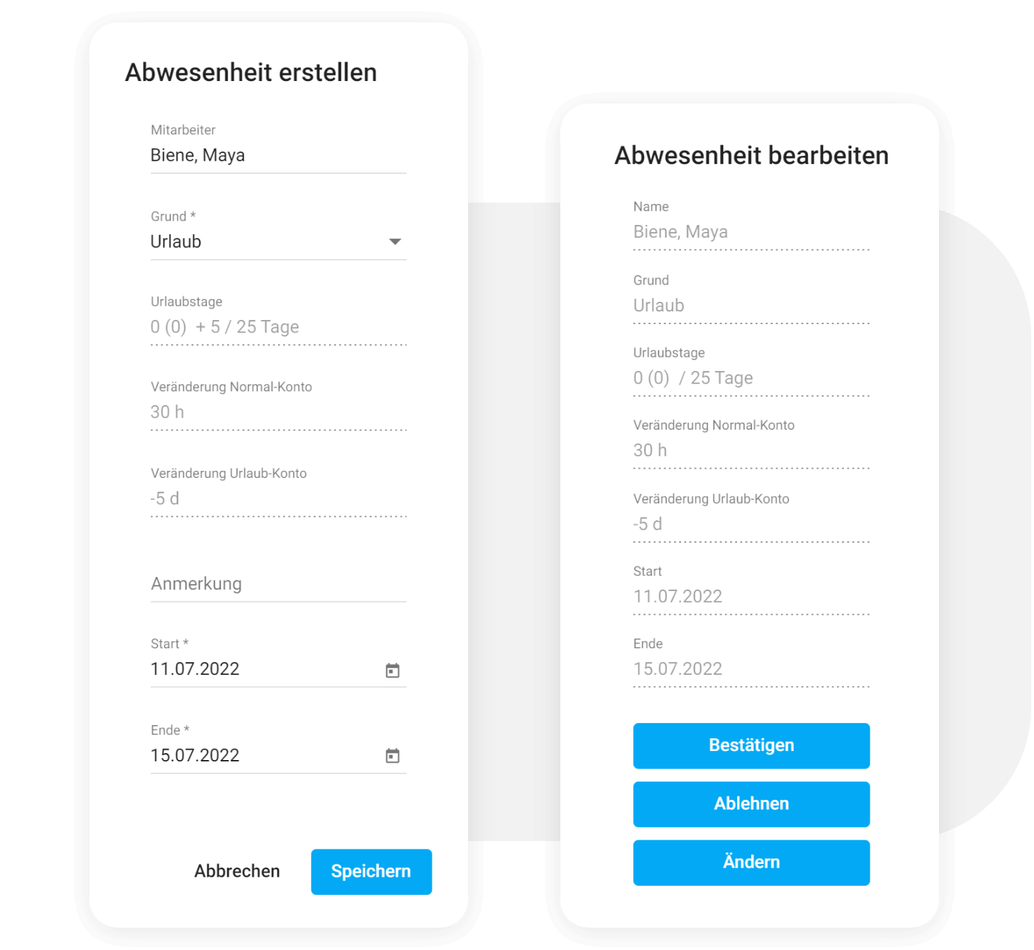 Online Abwesenheitsantrag Abbildung der Dialogfelder zur Erstellung und Genehmigung eines Abwesenheitsantrags.
