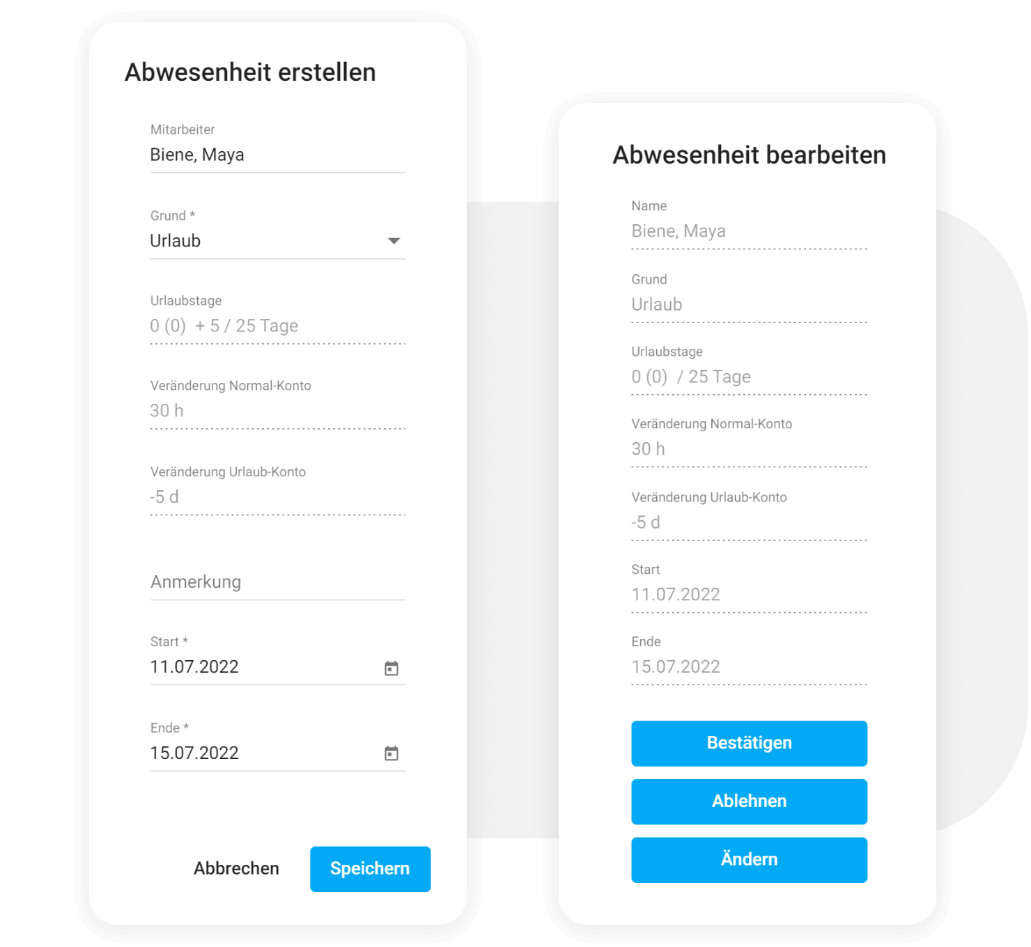Abbildung der Dialogfelder zur Erstellung und Genehmigung eines Abwesenheitsantrags.