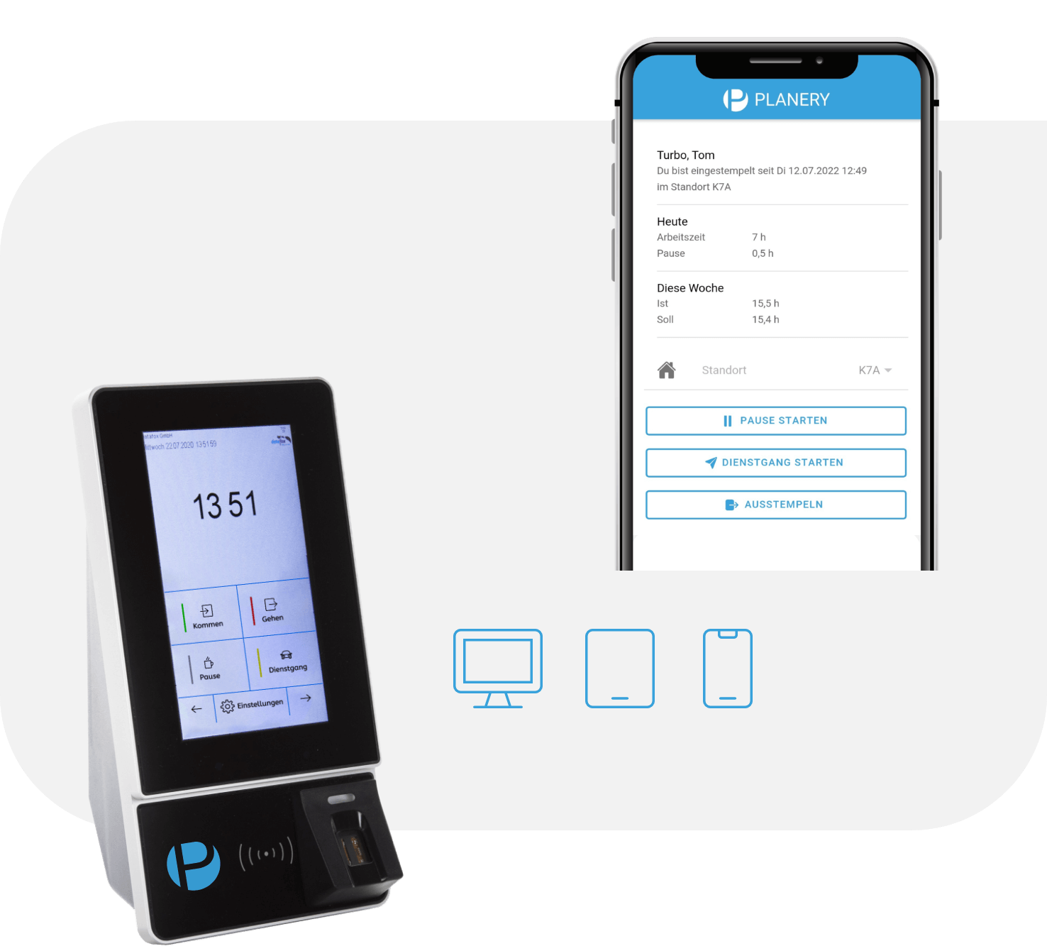 Hier sieht man die unterschiedlichen Optionen zum Stemplen - entweder über die eleganten Hardware-Terminals, die mobile App oder ein Tablet.