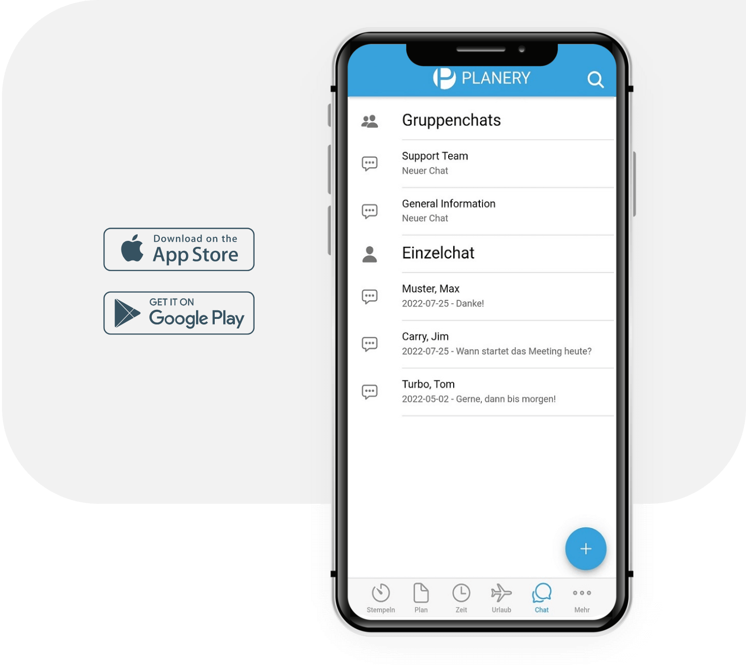 Abbildung eines Smartphones, im Display ist eine Chat-Übersicht in der Planery-App zu sehen.