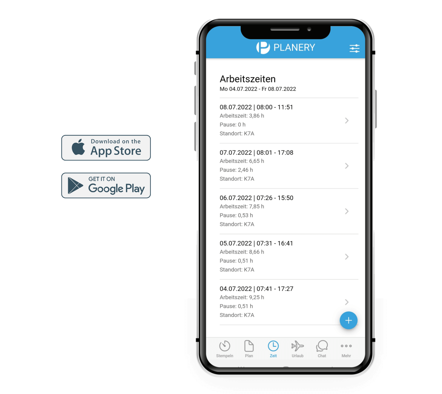Abbildung eines Smartphones, am Display sieht man die Arbeitszeiten eines Mitarbeiters in der Planery-App.